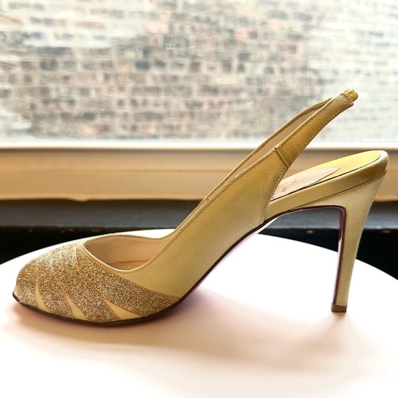 🌺CHRISTIAN LOUBOUTIN 🌺 Yellow Satin Glitter Accents Slingback pumps size: 37 - Picture 7 of 17